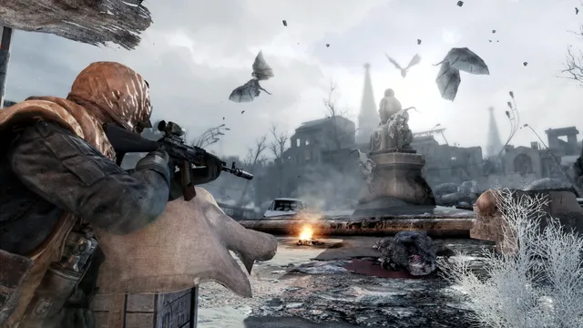 A hooded fighter aiming a rifle across a frozen square as winged mutants circle overhead