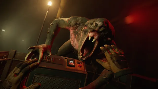 A mutant with bared fangs leaps over a generator at the player's raised hands in a dim room