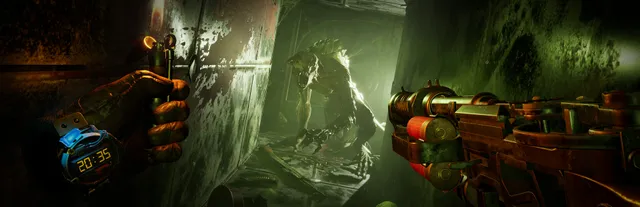 Metro Awakening key art: a gloved hand holds a lighter and a homemade gun as a pale mutant crouches in a green-lit metal corridor