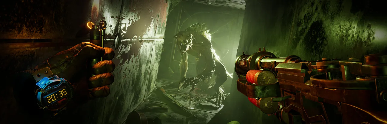 Metro Awakening key art: a gloved hand holds a lighter and a homemade gun as a pale mutant crouches in a green-lit metal corridor