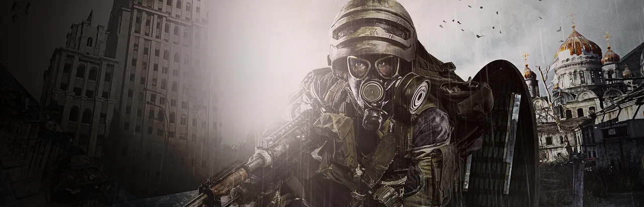 Metro: Last Light Redux key art: a ranger in a gas mask with a rifle and a shield in front of ruined Moscow