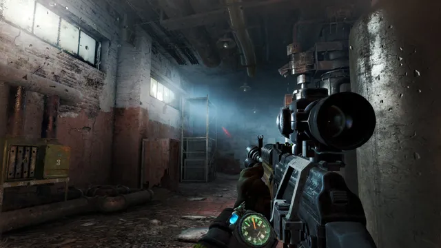 First-person view with a scoped rifle and a wristwatch in a dim basement corridor
