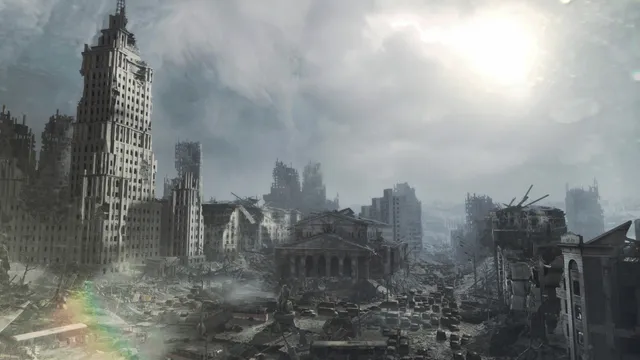 The ruined centre of Moscow under a grey sky, towers broken and streets full of wrecked cars