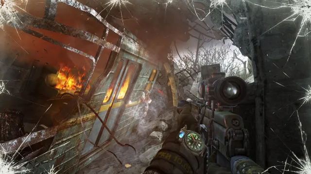 First-person view through a cracked gas mask, holding a scoped rifle beside a burning metro carriage