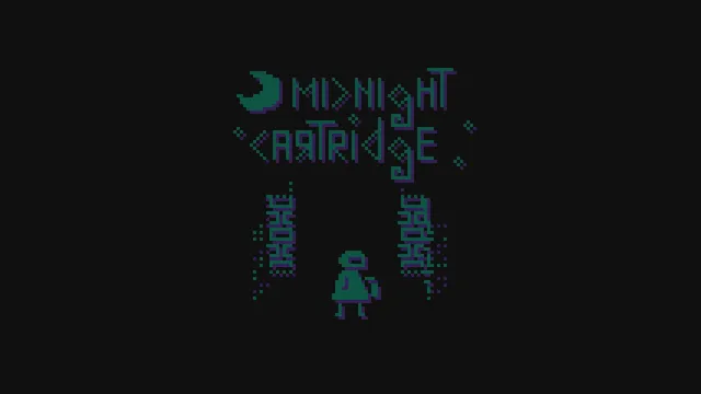 Midnight Cartridge title screen: the title in teal pixel letters beside a crescent moon, over a small hooded figure between two carved stone pillars