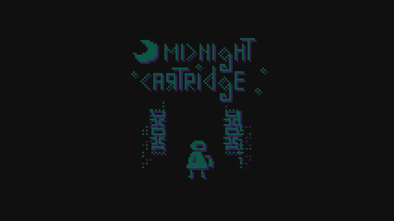 Midnight Cartridge title screen: the title in teal pixel letters beside a crescent moon, over a small hooded figure between two carved stone pillars