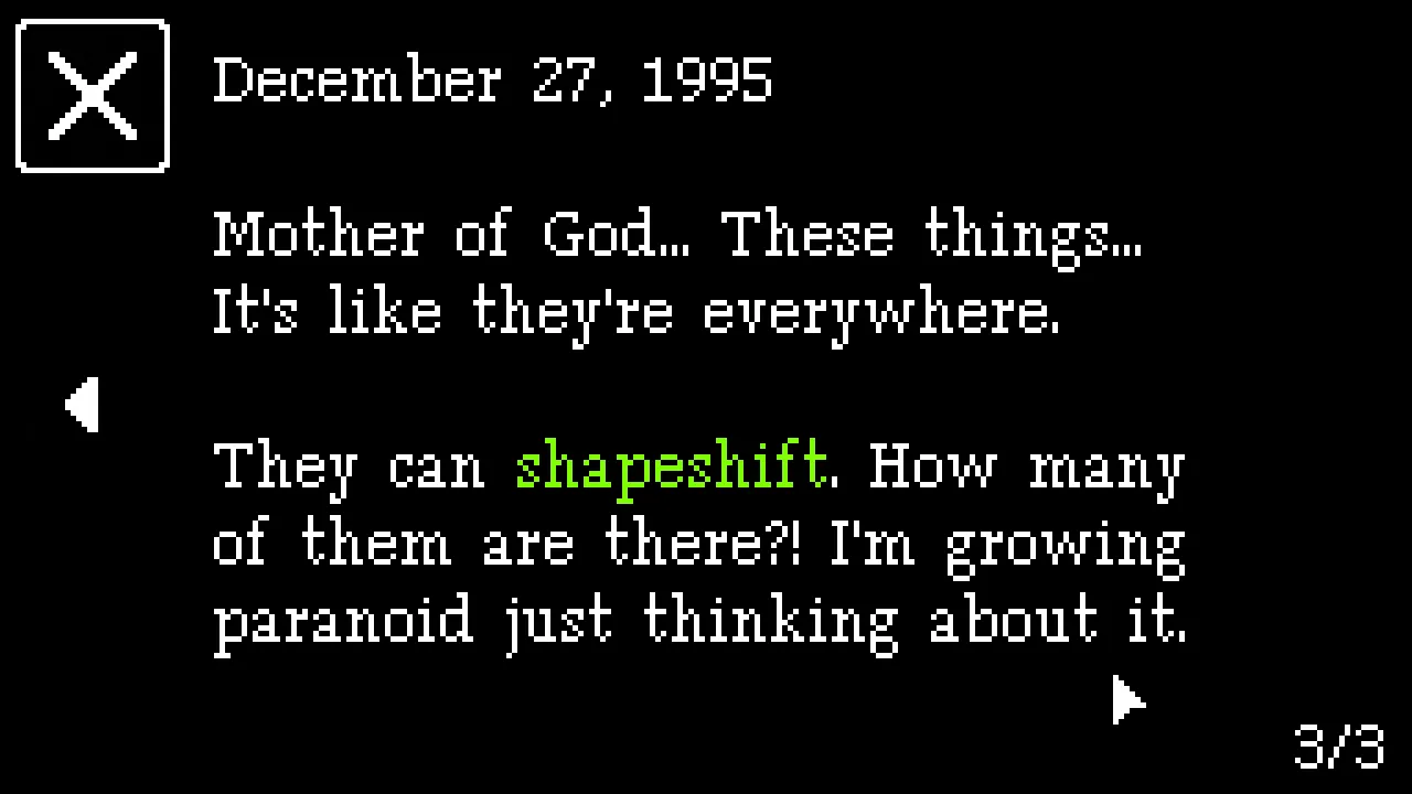 Midnight Mansion screenshot: a diary page dated December 27, 1995 about things that can shapeshift