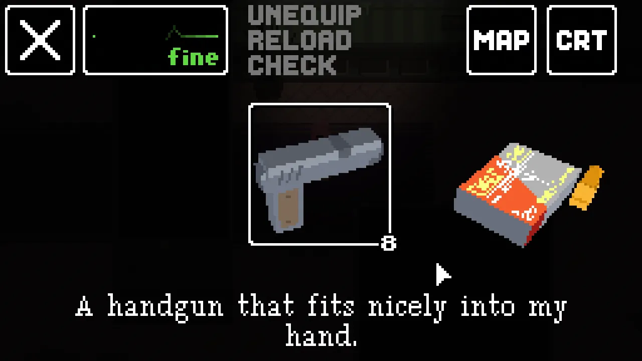 Midnight Mansion screenshot: the inventory showing a low-poly handgun with 8 rounds, an ammo box and a health monitor reading fine