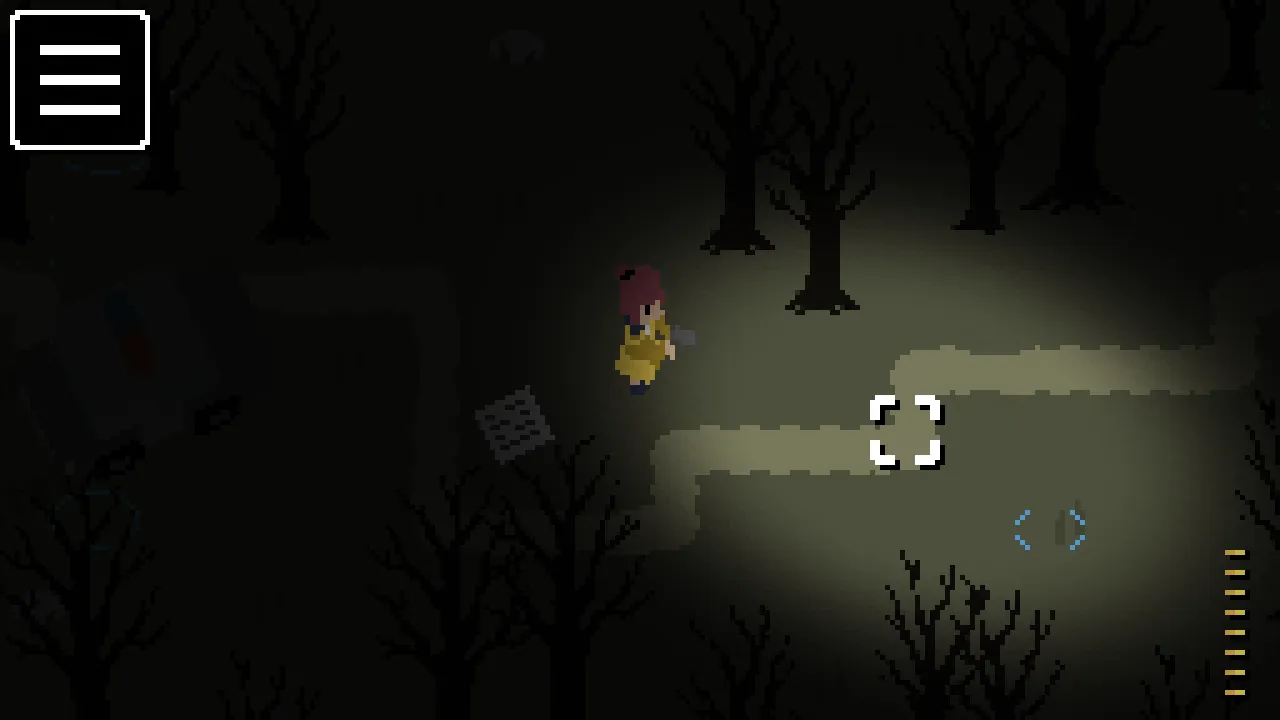 Midnight Mansion screenshot: Milla walks with a flashlight through dark woods at night past a fallen note