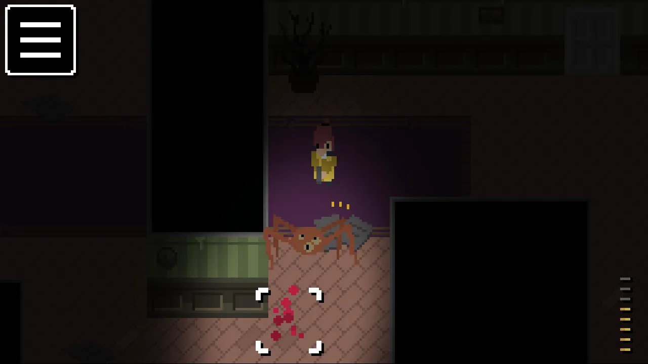 Midnight Mansion screenshot: Milla aims at a crawling creature in a dim room, with blood on the floor