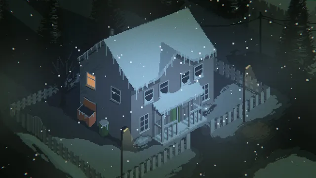 A snow-covered two-storey house seen from above at night, with one lit window, in pixel art