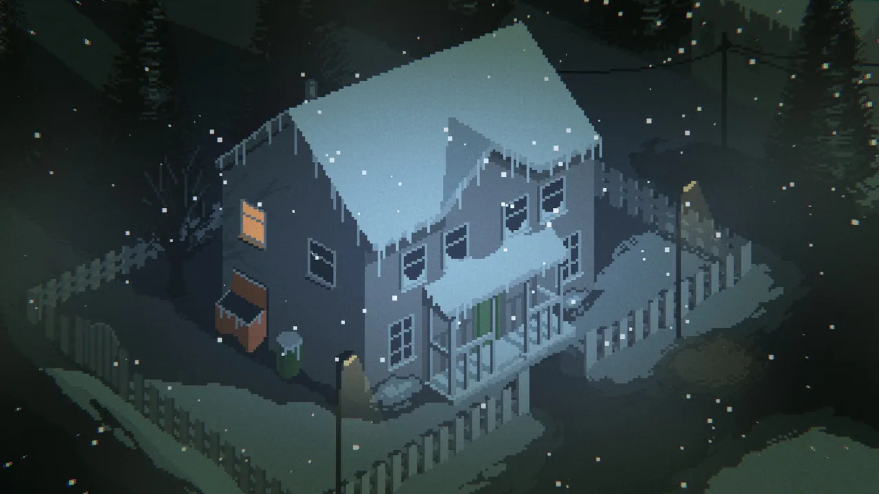 A snow-covered two-storey house seen from above at night, with one lit window, in pixel art