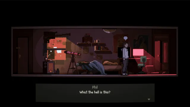 Phil standing in his cluttered bedroom at night, next to a telescope and a computer, saying 'What the hell is this?'