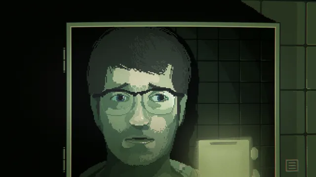 A pixel close-up of Phil, a young man in glasses, his face lit green by a screen