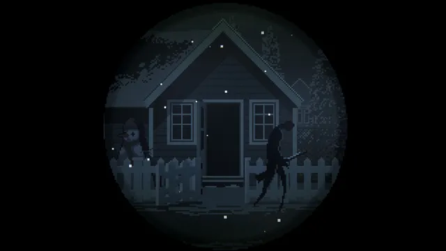 A view through a telescope of a house across the snowy street, with a dark long-limbed figure by the fence