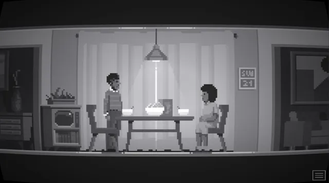 Midnight Scenes: The Goodbye Note screenshot: a man and a girl in a dining room under a hanging lamp, in black and white pixel art