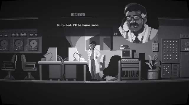 Midnight Scenes: The Goodbye Note screenshot: Richard in his lab among dials and computers saying Go to bed, I'll be home soon