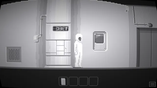 Midnight Scenes: The Goodbye Note screenshot: a figure in a white suit in a bright corridor beside a door with a 38 degree gauge