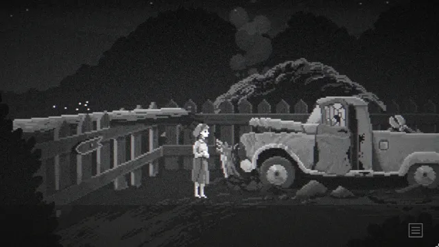 Midnight Scenes: The Highway screenshot: Claire beside a wrecked, smoking pickup truck at night