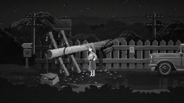 Midnight Scenes: The Highway screenshot: Claire standing by a log fallen across the road, her car parked beside a fence