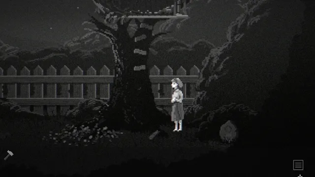 Midnight Scenes: The Highway screenshot: Claire standing under a dead tree beside a picket fence