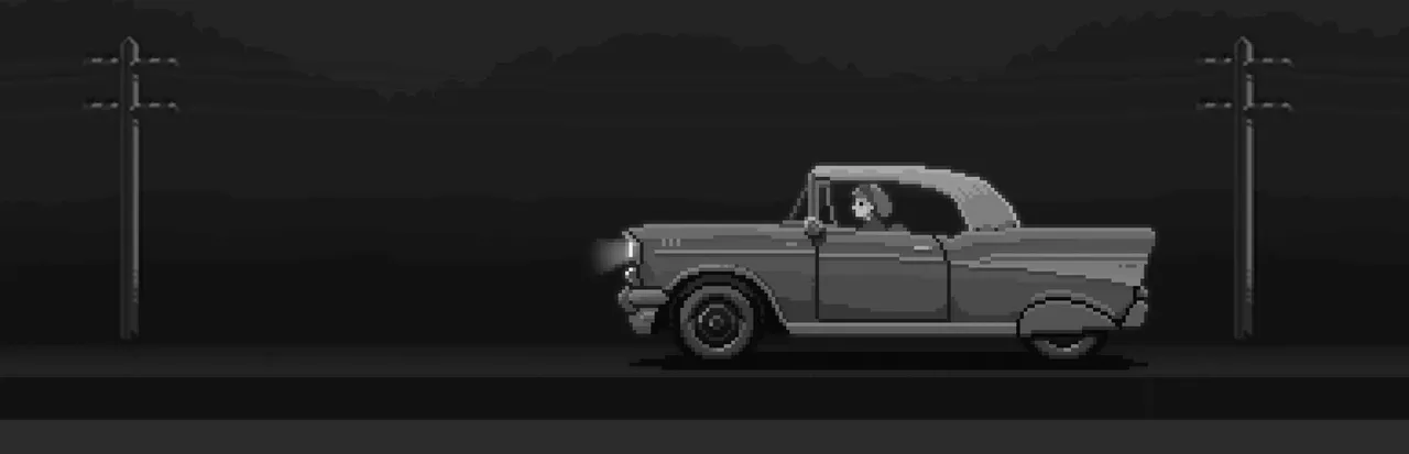 Midnight Scenes: The Highway key art: a woman driving an old car along a dark highway between telegraph poles, in black and white pixel art