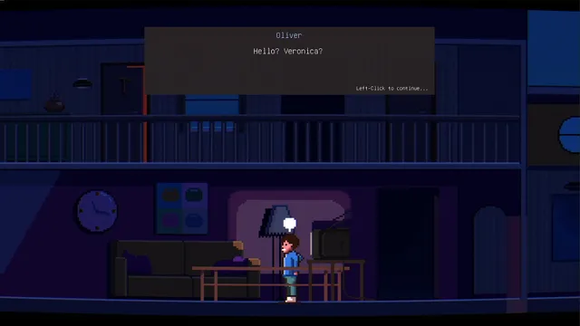 Oliver in a dark living room calling 'Hello? Veronica?'