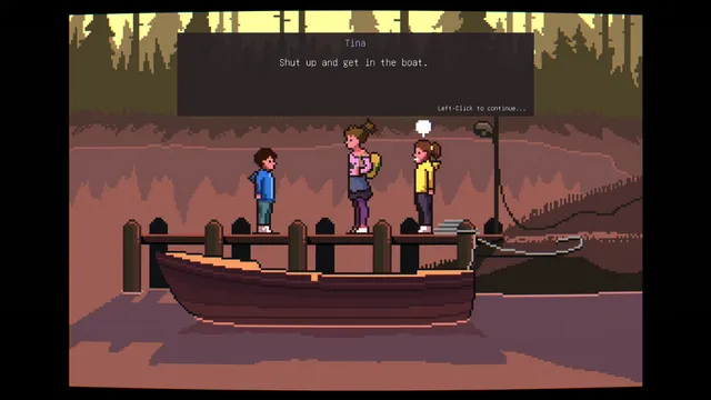 Oliver and two girls on a jetty beside a rowing boat at dusk, with Tina saying 'Shut up and get in the boat'