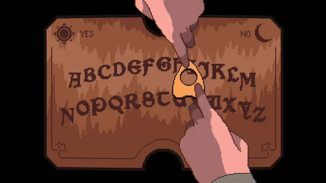 Two hands on the planchette of a ouija board, close up in pixel art