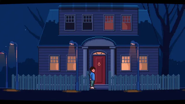 Oliver standing at the front door of a two-storey clapboard house at night, lamps lit along the fence