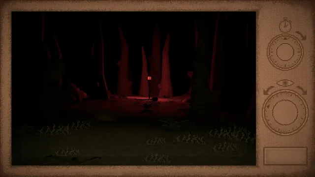 Midnight Snack screenshot: the forest turned dark red, seen through the microwave window
