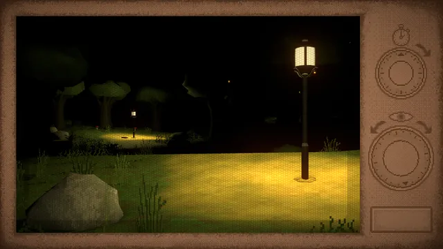 Midnight Snack screenshot: a lamp-lit forest clearing seen through a microwave window, its two dials on the right