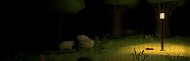 Midnight Snack key art: a lamp lighting a patch of grass and rocks in a dark low-poly forest