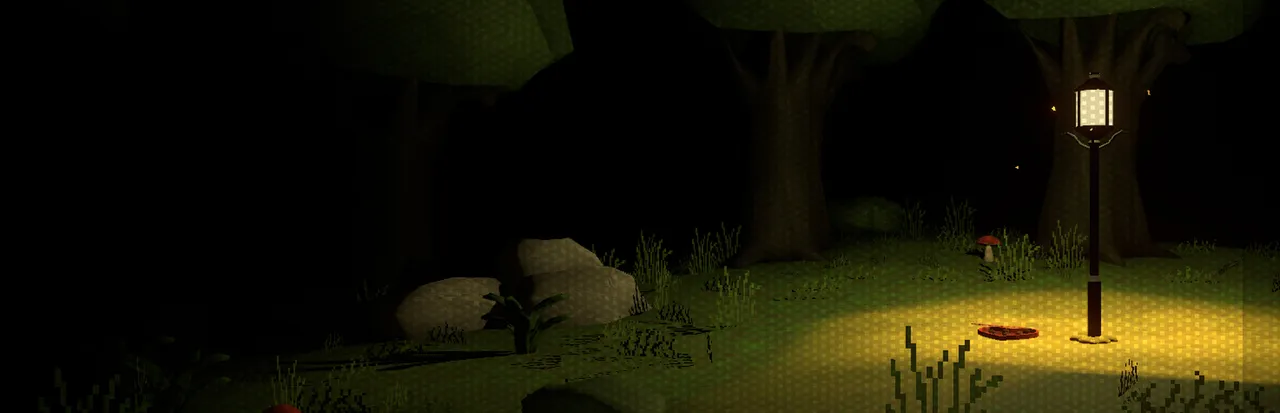Midnight Snack key art: a lamp lighting a patch of grass and rocks in a dark low-poly forest