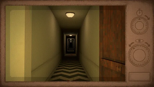 Midnight Snack screenshot: a long yellow corridor with a zigzag floor and a door, framed by the microwave