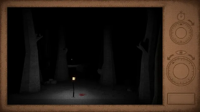 Midnight Snack screenshot: tall grey trees around a single lamp and a red stain in the dark