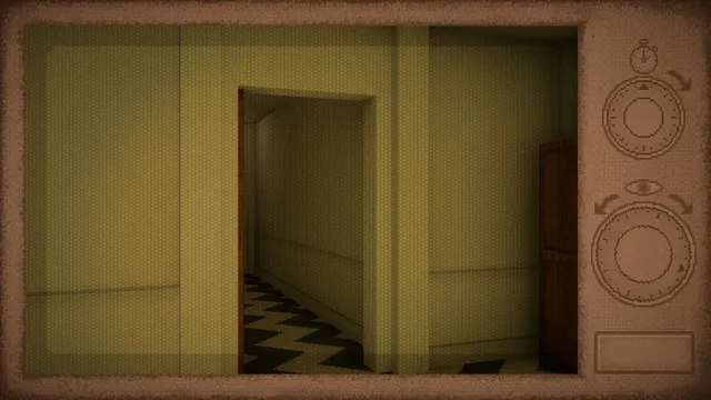 Midnight Snack screenshot: an open doorway in a yellow room leading to a zigzag-floored hall