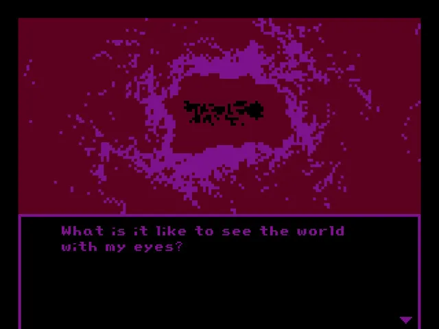 Milk inside a bag of milk inside a bag of milk screenshot: a scrawled shape inside a purple ring, captioned 'What is it like to see the world with my eyes?'