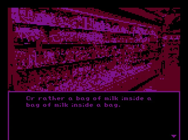 Milk inside a bag of milk inside a bag of milk screenshot: shop shelves dissolving into red and purple pixel noise, with the text 'Or rather a bag of milk inside a bag of milk inside a bag'