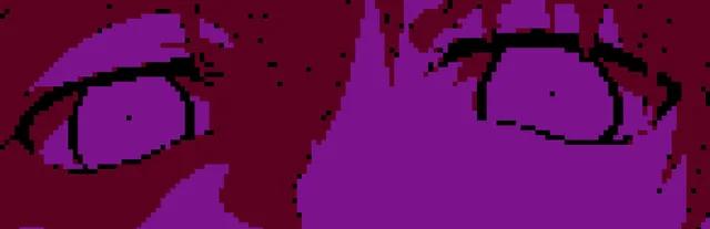 Milk inside a bag of milk inside a bag of milk key art: a close-up of the girl's wide eyes in purple and dark red pixels