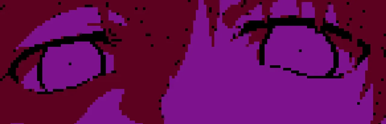 Milk inside a bag of milk inside a bag of milk key art: a close-up of the girl's wide eyes in purple and dark red pixels