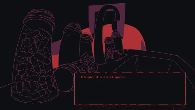 Milk outside a bag of milk outside a bag of milk screenshot: pill bottles crowd a sink in red line art
