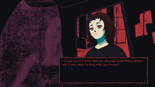 Milk outside a bag of milk outside a bag of milk screenshot: the girl stands before a red window and says she was sure she could change something