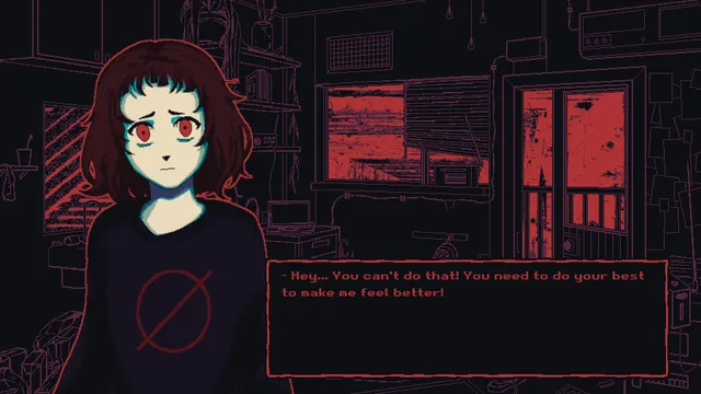 Milk outside a bag of milk outside a bag of milk screenshot: the red-eyed girl in a black sweater looks worried in her dark apartment, with red windows behind her