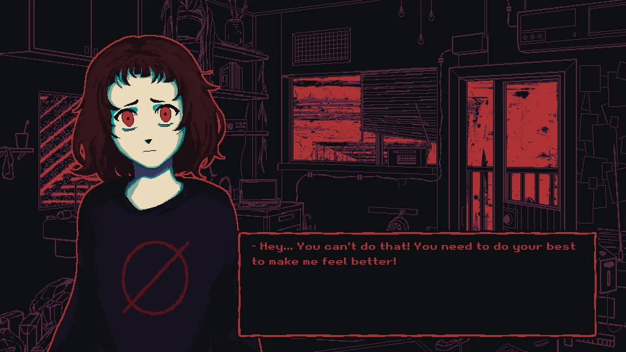 Milk outside a bag of milk outside a bag of milk screenshot: the red-eyed girl in a black sweater looks worried in her dark apartment, with red windows behind her