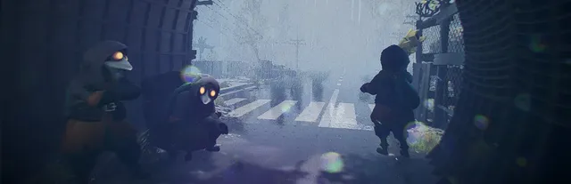 MIMESIS key art: hooded crew members in beaked masks with glowing eyes crouch in a tunnel mouth as rain falls on an empty street outside