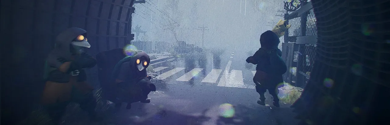 MIMESIS key art: hooded crew members in beaked masks with glowing eyes crouch in a tunnel mouth as rain falls on an empty street outside