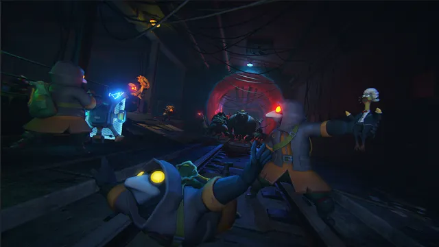 MIMESIS: the masked crew stumbles through a dark rail tunnel as monsters with glowing eyes rush toward them from a red-lit doorway