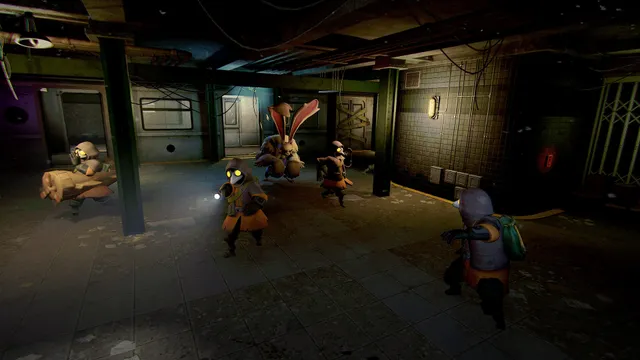 MIMESIS: crew members with flashlights spread out through a dim underground room with pillars