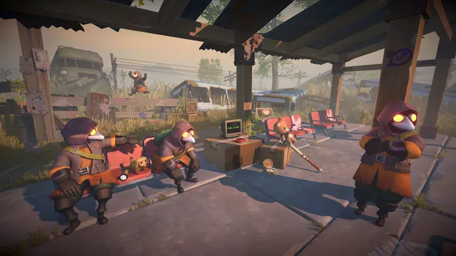 MIMESIS: three masked crew members rest at a tram stop shelter beside a junkyard of old buses